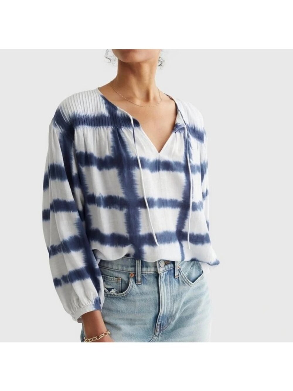 Lucky Brand Womens Blue White Tie-Dye Boho Peasant Top Blouse Shirt S Cotton